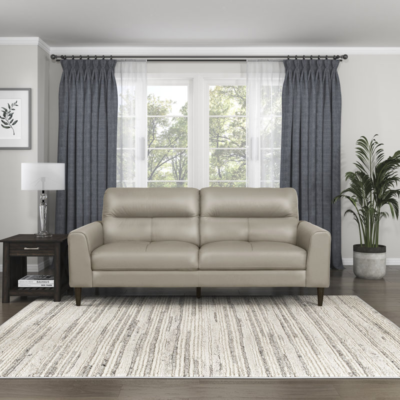 Upton 76'' Modern & Contemporary Top Grain Leather Sofa with Solid Wood Legs in Brown Finish, Beige Leather Match