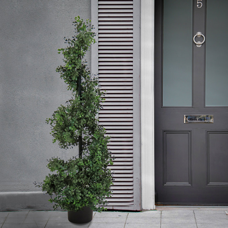 4 ft Artificial Boxwood Spiral Topiary Tree, Realistic Fake Tree Potted Plant, Black Nursery Pot