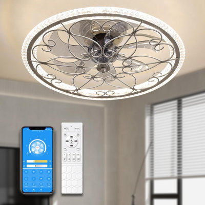 Low Profile Ceiling Fan With Lights Remote 20" Ceiling Fan Flush Mount Enclosed Ceiling Light Dimmable Ceiling Lights Chandeliers Handmade Silver