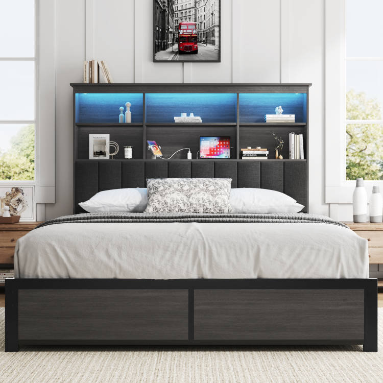 Metal Bed Frame with Bookcase Headboard, Rustic Gray