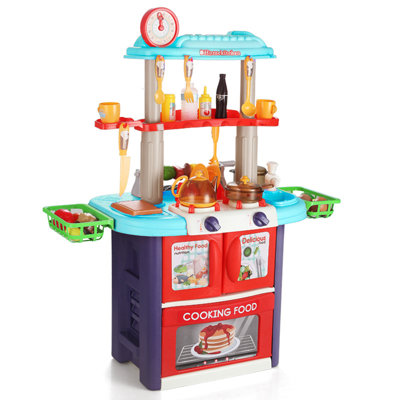 Kids Play Kitchen Set With Fruit And Vegetable Toys – Interactive Stove Burner, Working Oven, BBQ, And Ample Storage