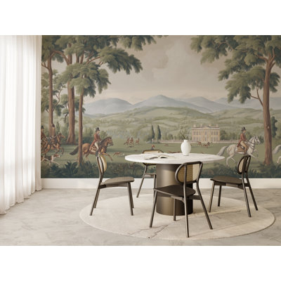 Murale Chasse au renard anglais | Papier peint à peler et coller à la campagne équestre | Décoration murale de salon amovible