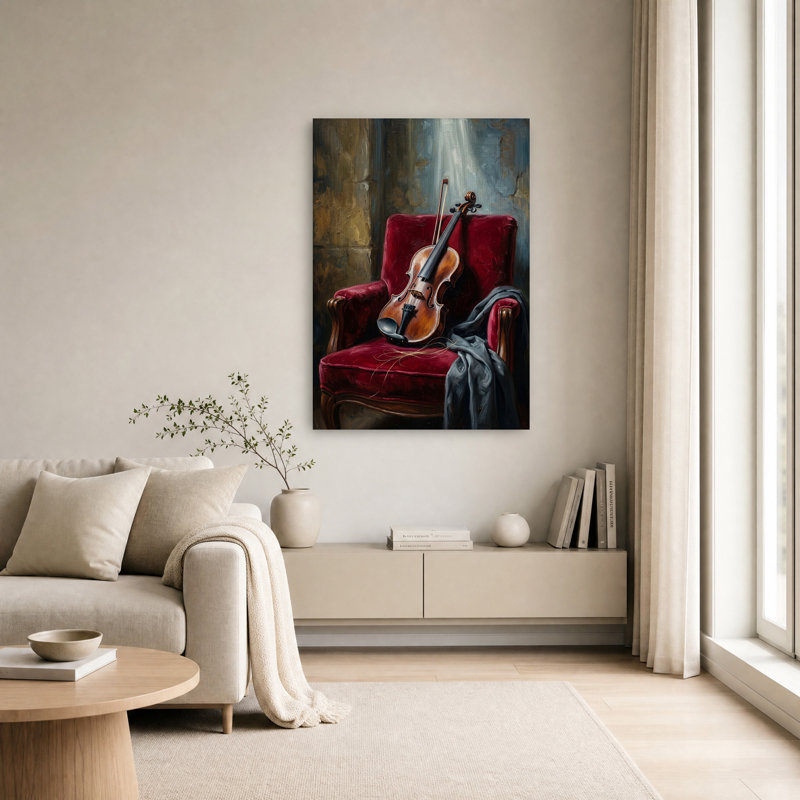 Reproduction d'art en bois sur un fauteuil en velours rouge, H 18 po x l 12 po