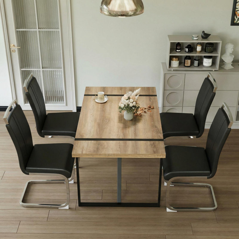 Modern Spahn With Rectangular Table & 4 Pu Leather Chairs, Black/Silver