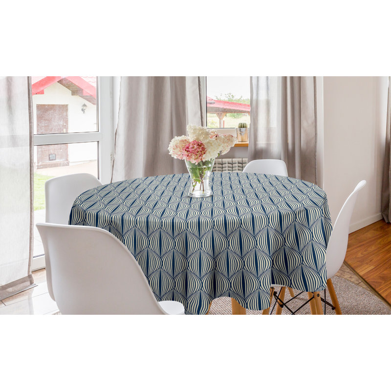 Ambesonne Retro Round Tablecloth, Geometrical Pattern With Curved Look Shapes With Lines In Pastel Tones, Circle Table Cloth Cover For Dining Room Kitchen Decoration, 60", Night Blue And Cream
