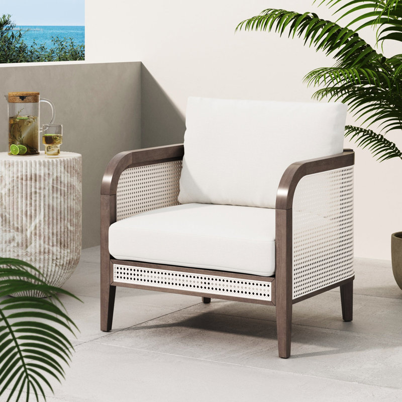 Bohemian Cushioned Patio Chair, Outdoor Lounge Chair With Solid Wood Frame, Linen White, Graphite