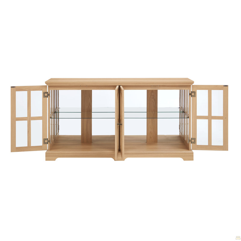 LED Curio Display Cabinet Antique Display Cabinet With Glass Doors Adjustable Shelves, 32.09" H x 59.06" W x 15.75" D, Oak