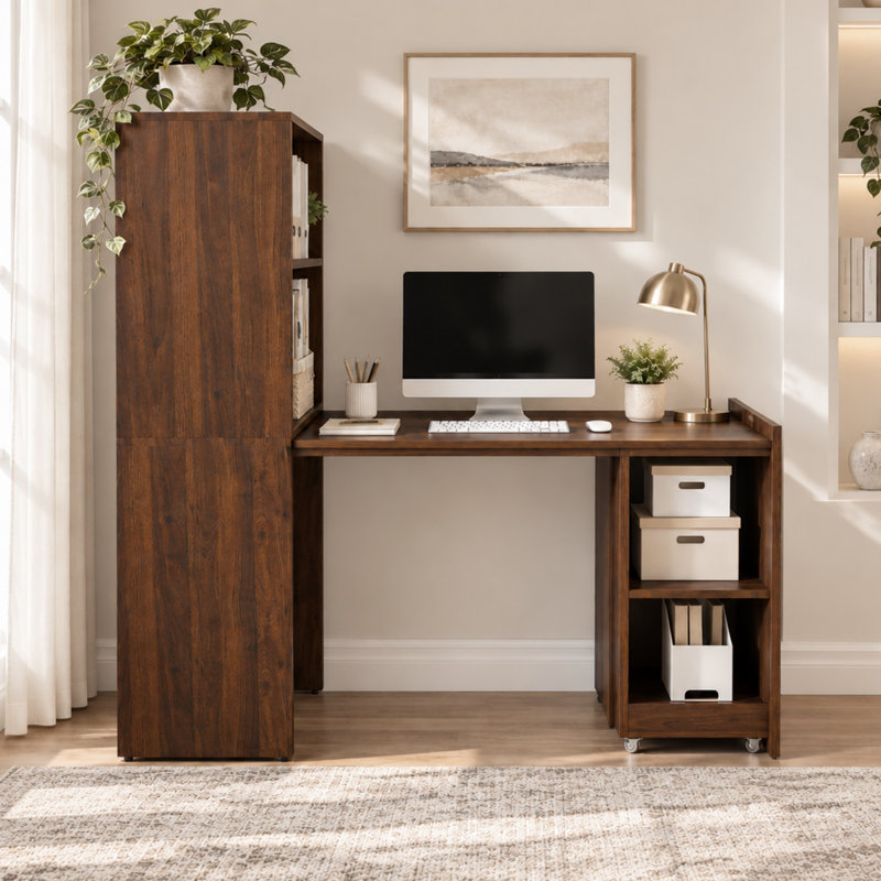 Bureau d'ordinateur extensible avec tablettes et roulettes de rangement 