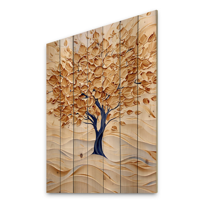 Gold Winter Maple Tree Essence III - Traditional Wood Wall Art On Natural Pine Wood, 20" H x 10" W x 0.78" D