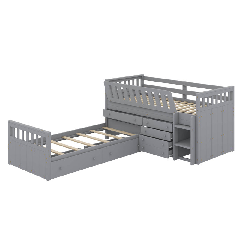 L-Shaped Space-Saving Twin Loft And Twin Platform Bed With 7 Drawers And Guardrails, Grey