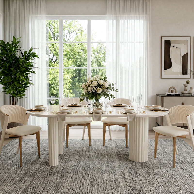 79" Cream Oval Dining Table with Glossy Sintered Stone Top and Fluted Wood Base, 35.4" W x 78.8" L