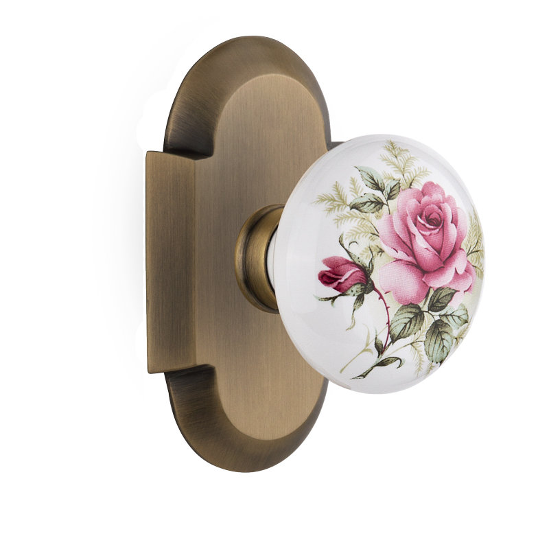 Cottage Plate with White Rose Porcelain Door Knob, Antique Brass, 2-3/4"