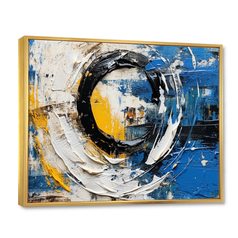 Fusion cubiste bleue et blanche sur toile, Cadre flottant doré, H 30 po x l 40 po x P 1,5 po
