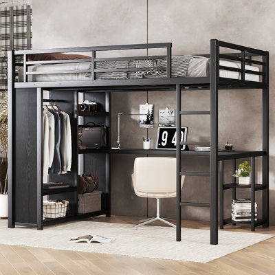 Full Size Metal Loft Bed Frame With Built-in Wardrobe, Desk, And Storage Shelves For Bedroom, Space-saving Design