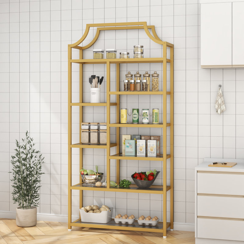 70.87" H Open Shelf Bookcase With Glass Shlves, 8-Tier Modern Display Shelf With Gold Finish Metal Frame
