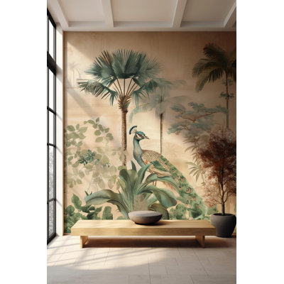 Vintage Peacock Tropical Wall Mural | Palm Tree Jungle Wallpaper | Non-Woven or Peel and Stick