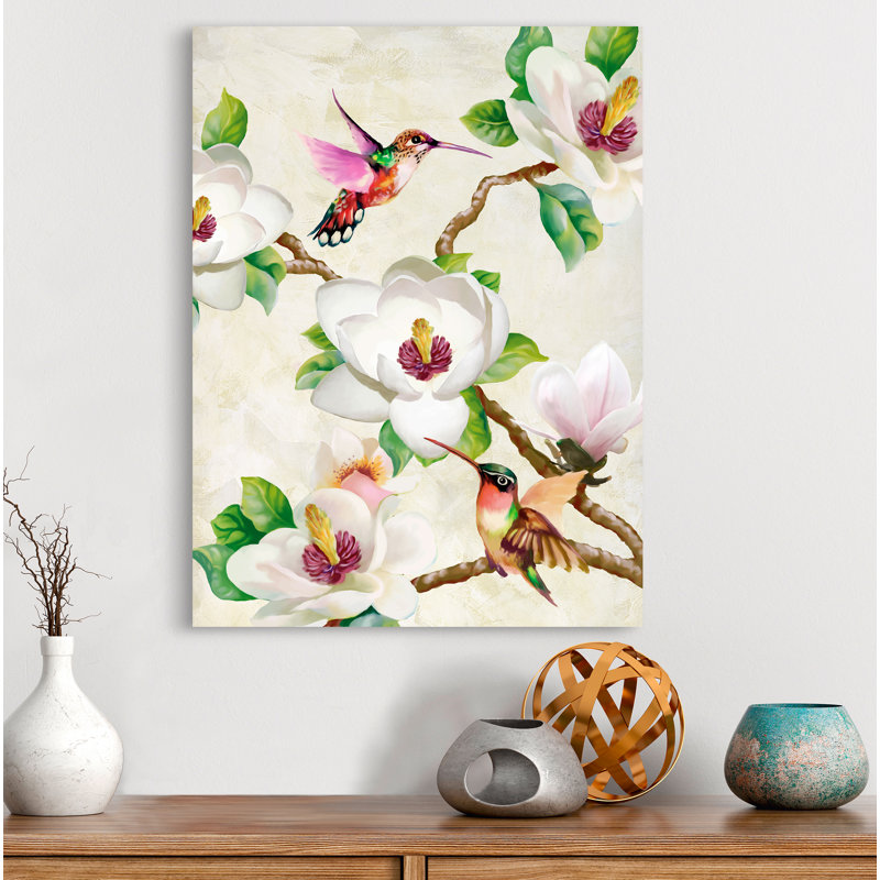 Magnolia And Humming Birds by Terry Wang - Wrapped Canvas Painting, 80cm H x 60cm W x 4cm D