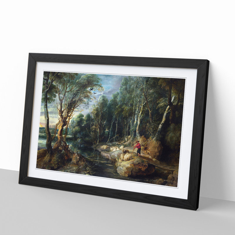 A Shepherd with His Flock by Peter Paul Rubens - Picture Frame Painting, 27cm H x 36cm W x 2cm D, Black Framed