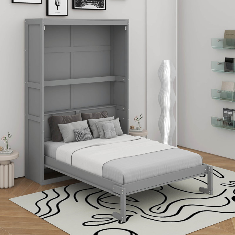 Lit escamotable double avec tablettes, Gris