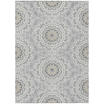 9' X 12' Gray Silver And Ivory Floral Medallion Washable Indoor Outdoor Area Rug