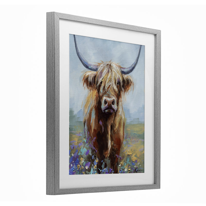 «Highland Cow with Daubed Flowers», reproduction encadrée sous verre, design par Lindsay Kivi Fine Art, H 16 po x l 13 po