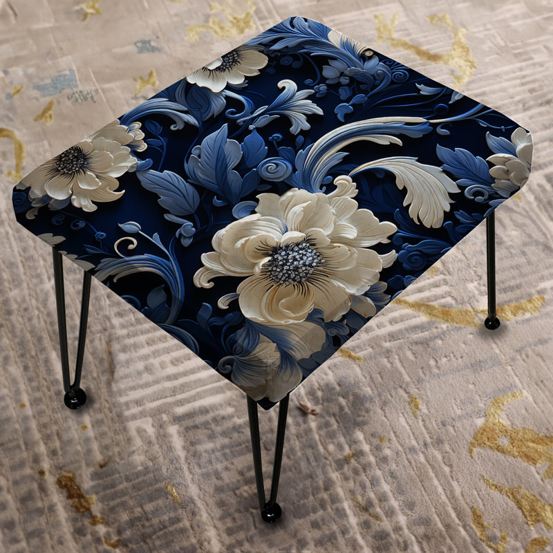 Motif victorien bleu cobalt à volutes en dentelle - repose-pieds rectangulaire floral