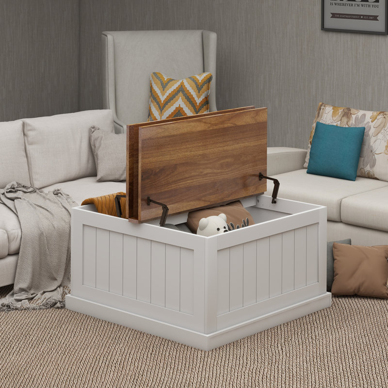 Table basse 31,5 "Farmhouse, table centrale carrée en bois avec plateau relevable articulé