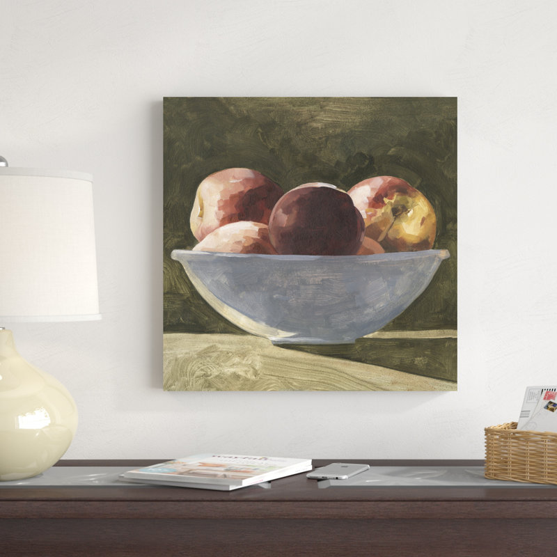 «Bowl of Peaches II» par Emma Caroline - peinture sur toile tendue, H 20 po x l 20 po