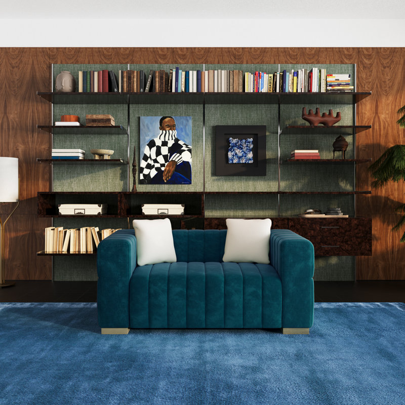 Charlesworth 59'' Velvet Loveseat with 2 Pillows, Modern Channel-Tufted Sofa with Stainless Steel Legs, Luxury Square Arm Couch for Living Room, Blue