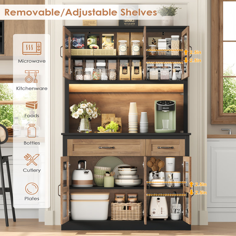 ON SALE 71''H LED Pantry with Charging Station, Microwave Stand and Adjustable Shelves, Black/Oak