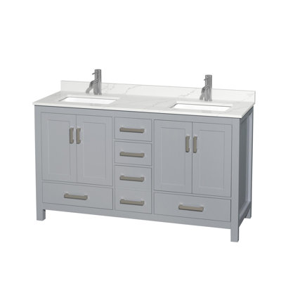 Meuble-lavabo double autoportant 60 po avec plateau en quartz Sheffield