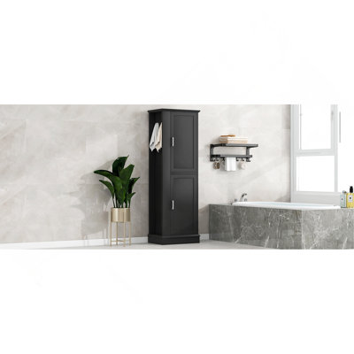 Tall Bathroom Storage Cabinet, Freestanding with Adjustable Shelf & Hook, Soft-Close Doors, MDF Board