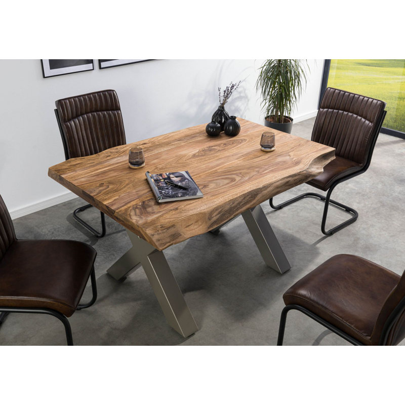 Solid Wood Top Metal Base Dining Table, Nature, Silver, 77 cm H x 160 cm L x 90 cm D