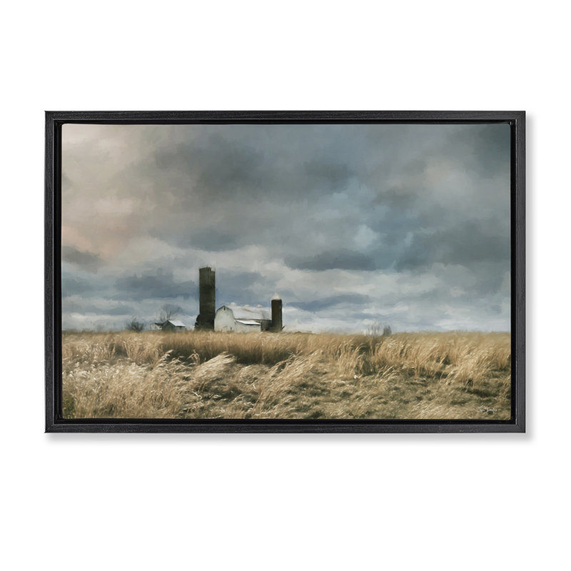 «Cloudy Farmland with Barn Gold», art par Lori Deiter, H 17 po x l 25 po, Cadre flottant noir de jais