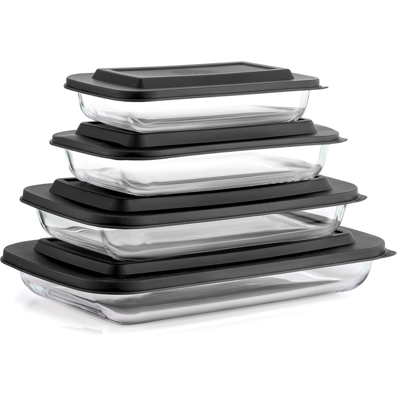 8Pc Glass Bakeware Set. 4X Baking Pan Dishes And 4X Baking Dish Lids For Kitchen Storage, Deep Baking Sheet, Oven Tray, Rectangle Casserole Dish, Lasagna Pans, Cake Baking Sheets