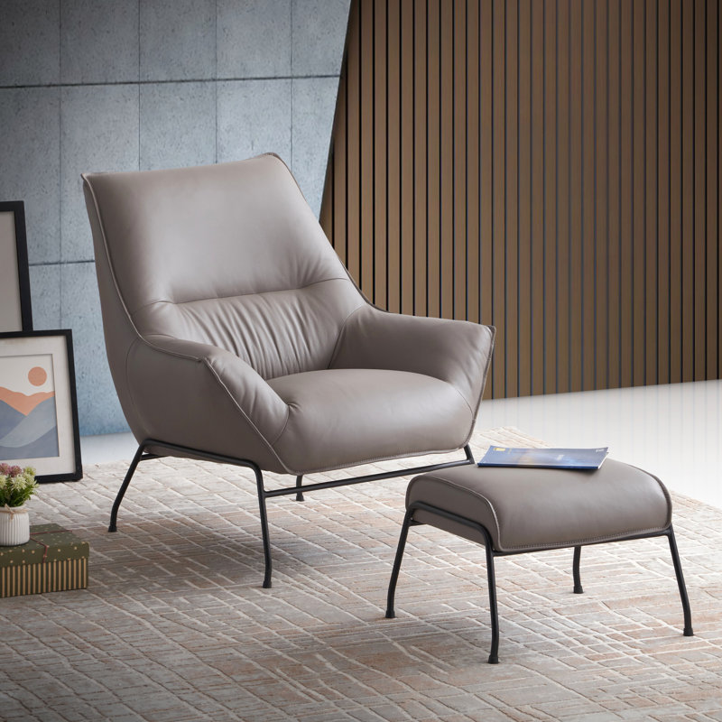 Fauteuil d'appoint et repose-pieds en cuir fleur, Kaki