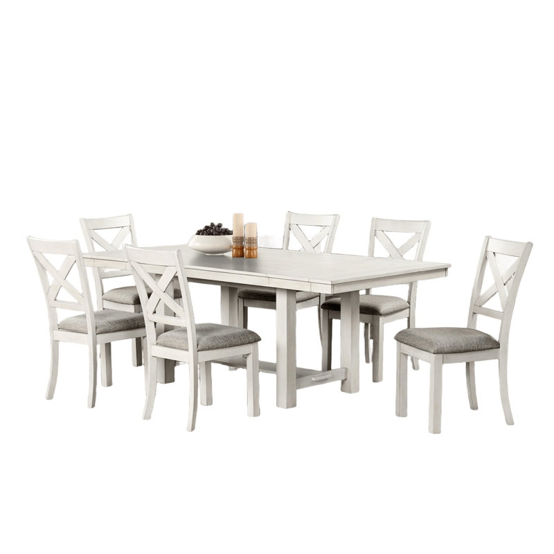 Table de salle à manger moderne et rustique 7 pièces avec table à tréteaux rectangulaire en chêne blanc et 6 chaises d'appoint en bois à dossier croisé de style transitionnel