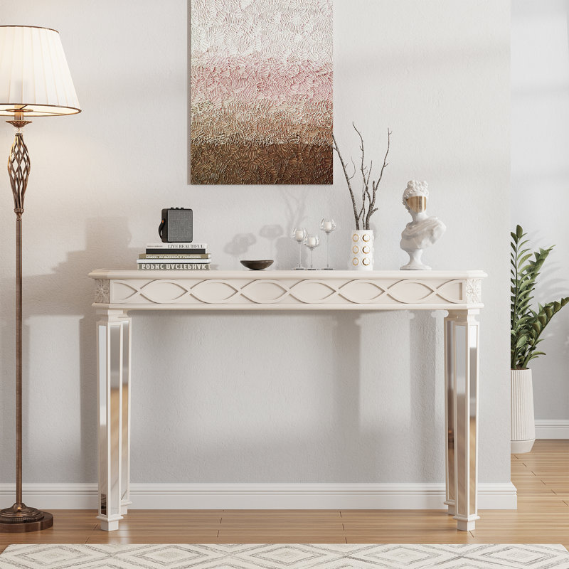 Console Mid-Century avec miroir en bois massif, Beige