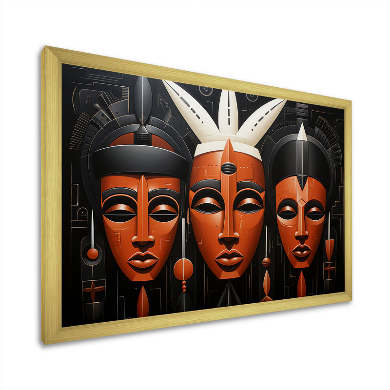 Masque africain noir et orange Kuba, Cadre doré à coins fermés, H 24 po x l 32 po x P 1 po