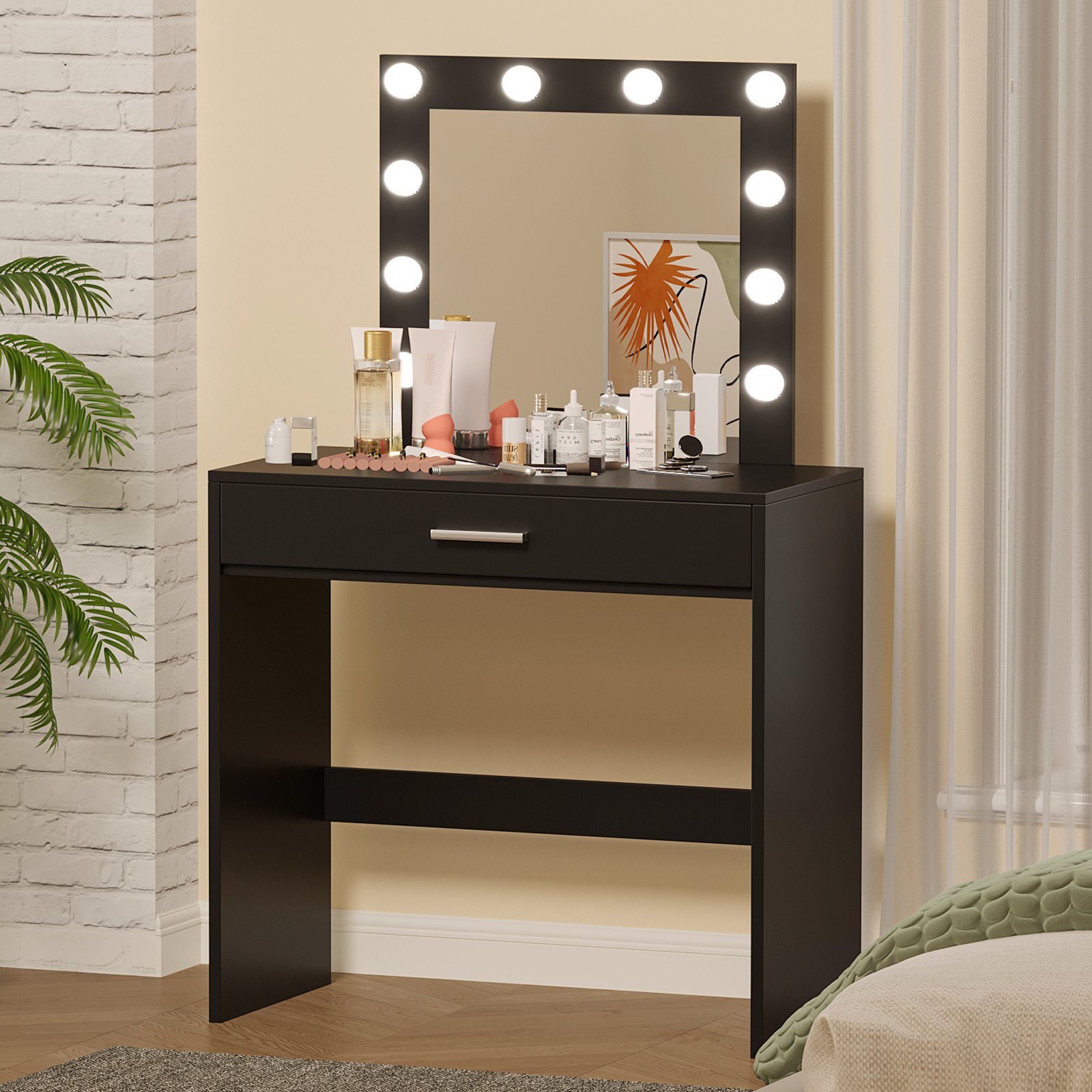 Makeup Vanity Table with Lighted Mirror, Vanity Desk with Storage Shelf and 4 Drawers, White Ebern Designs