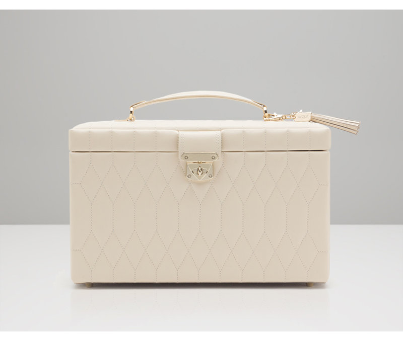 Ivory Quilted Leather Rectangular Jewelry Travel Case