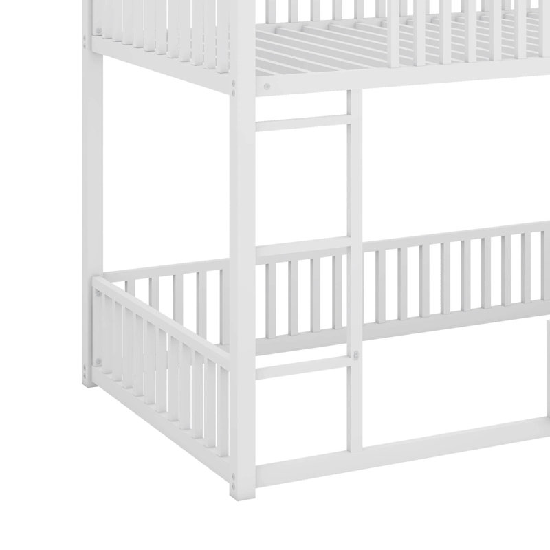 Metal Twin Over Twin House Bunk Bed With Door And Fence, White