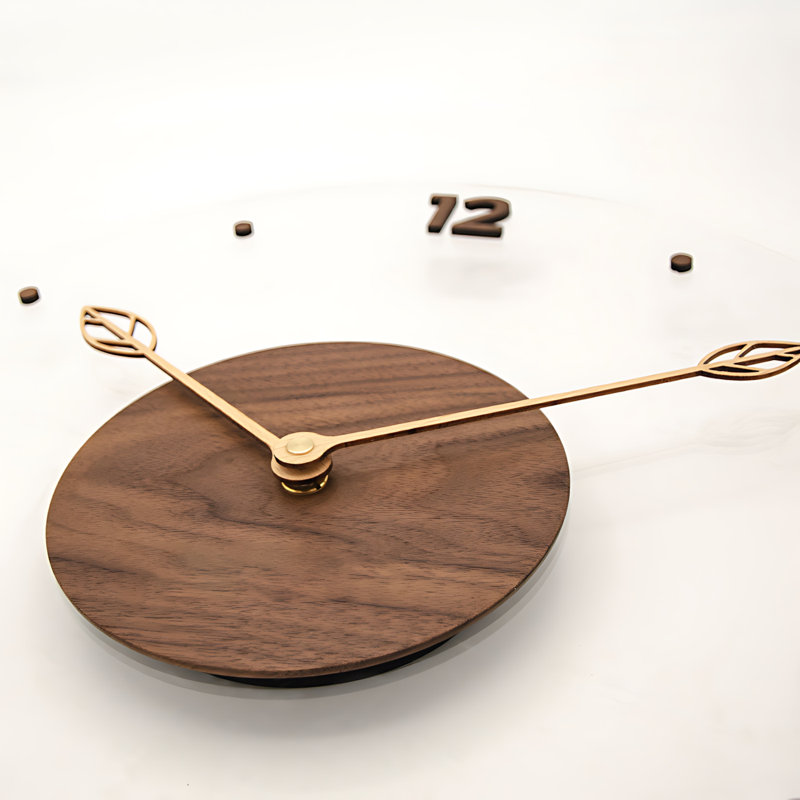 Horloge murale 12 pouces scandinave avec cadre en verre acrylique et bois massif, design moderne minimaliste pour le salon, la chambre à coucher, le décor de bureau