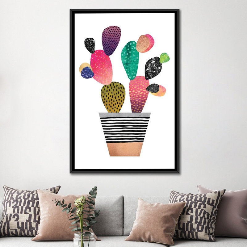 « happy cactus », impression sur toile tendue, H 26 po x l 18 po x P 1,5 po, Toile avec cadre noir, Pas de tapis