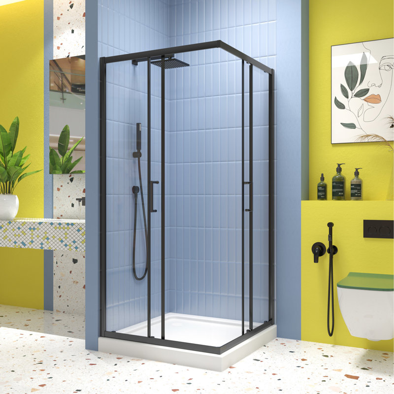 Sliding Shower Door In Matte Black, 1/4" Tempered Clear Glass, 34.625 In. X 72 Enclosure With Stainless Steel Handle Black Frame, -angle Pivot Enclosure,