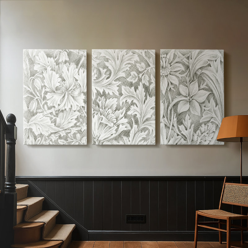 Croquis de motifs floraux I - Toile tendue avec châssis sur mesure - 3 pièces