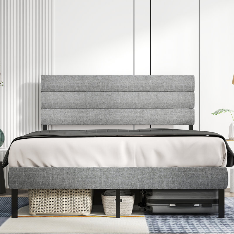 Oneita Metal Platform Bed Frame With Linen Upholstered Headboard, Queen