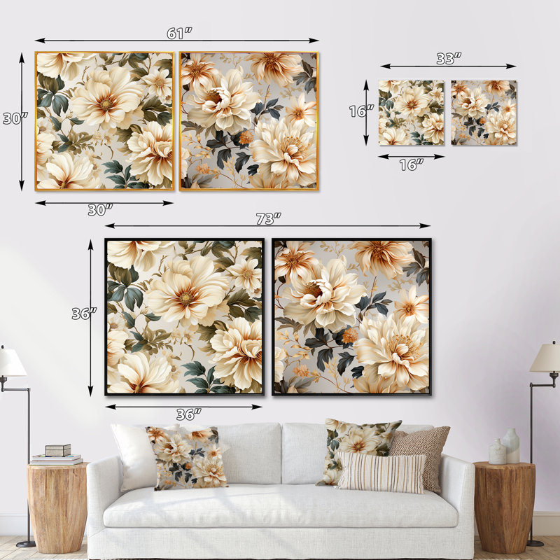 Loucas - Ensemble de 2 collages floraux carrés, H 16 po x l 33 po, Cadre flottant doré