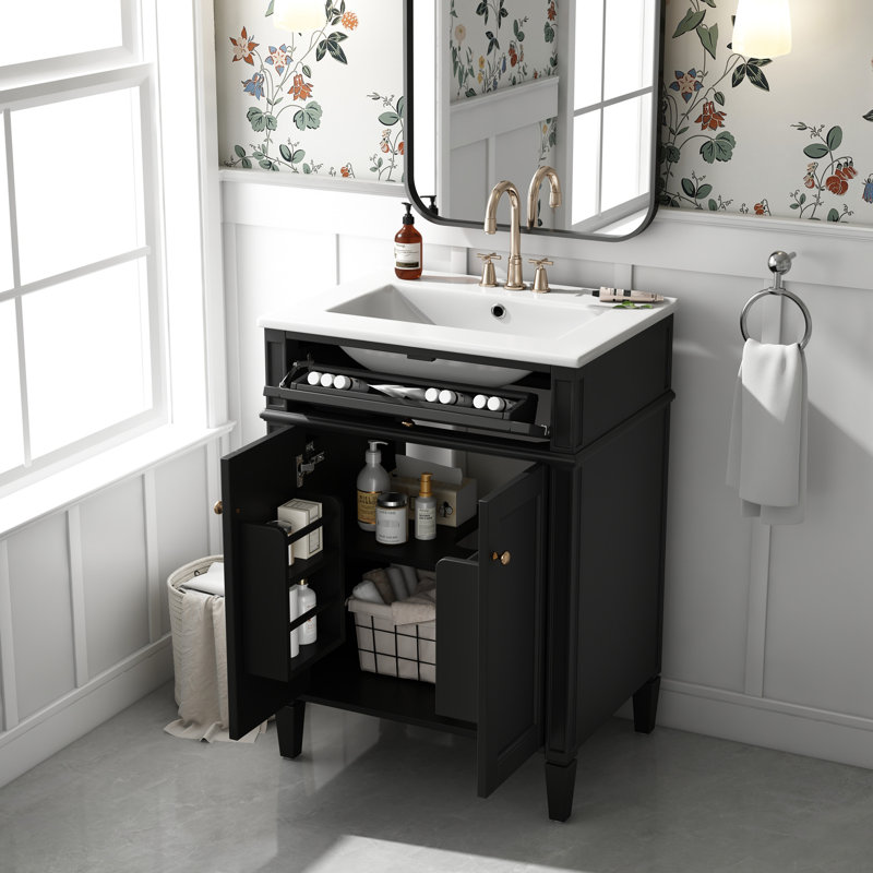 Meuble-lavabo de 24 po avec 2 portes, tiroir basculant et lavabo de conception moderne pour les espaces, structure en bois massif, lavabo à tablettes de rangement réglables, tiroir pratique et élégant, fermeture d'armoire silencieuse, cuve en céramique