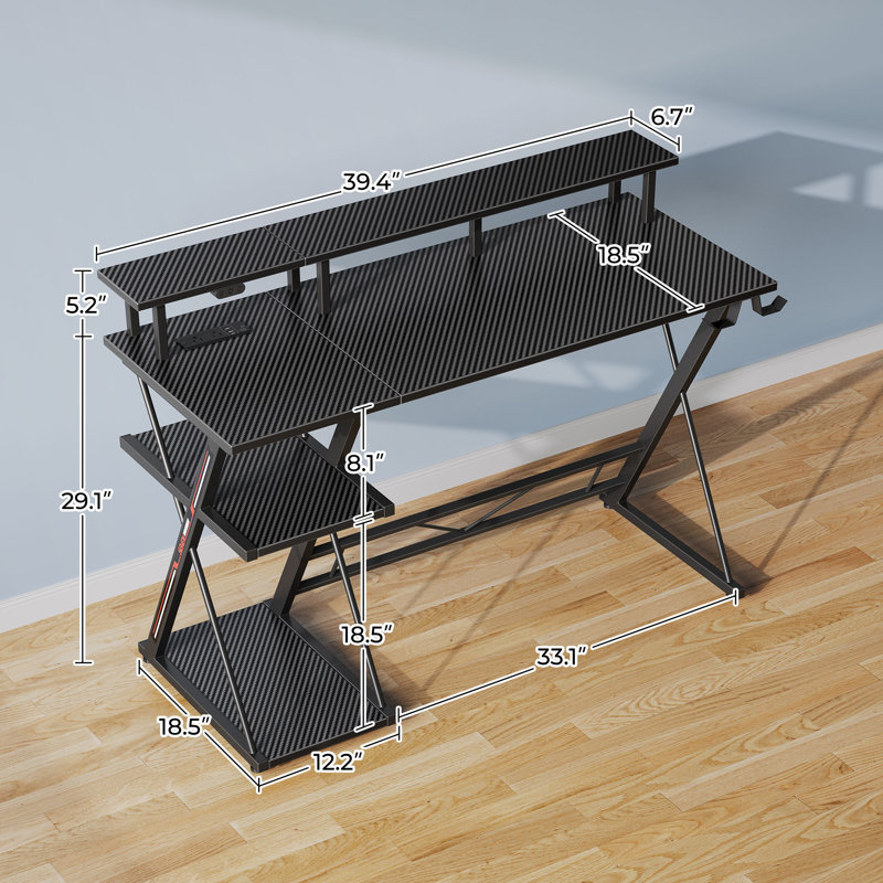Computer Desk with LED Lights & Power Outlets, Gaming Desk with Monitor Stand and Storage Shelves